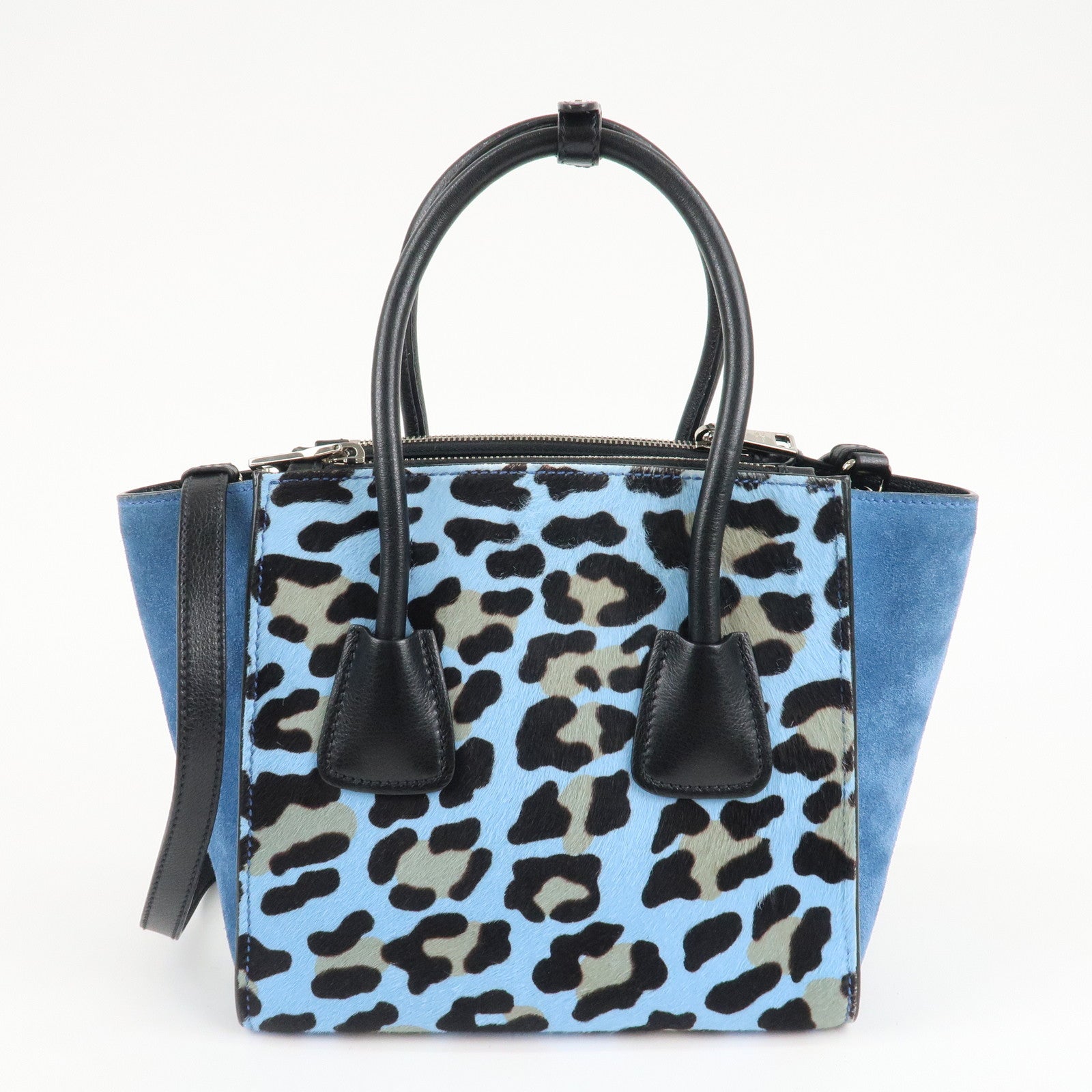 Prada Ternero no nacido Ante Cuero 2way Bolso de mano Azul Negro