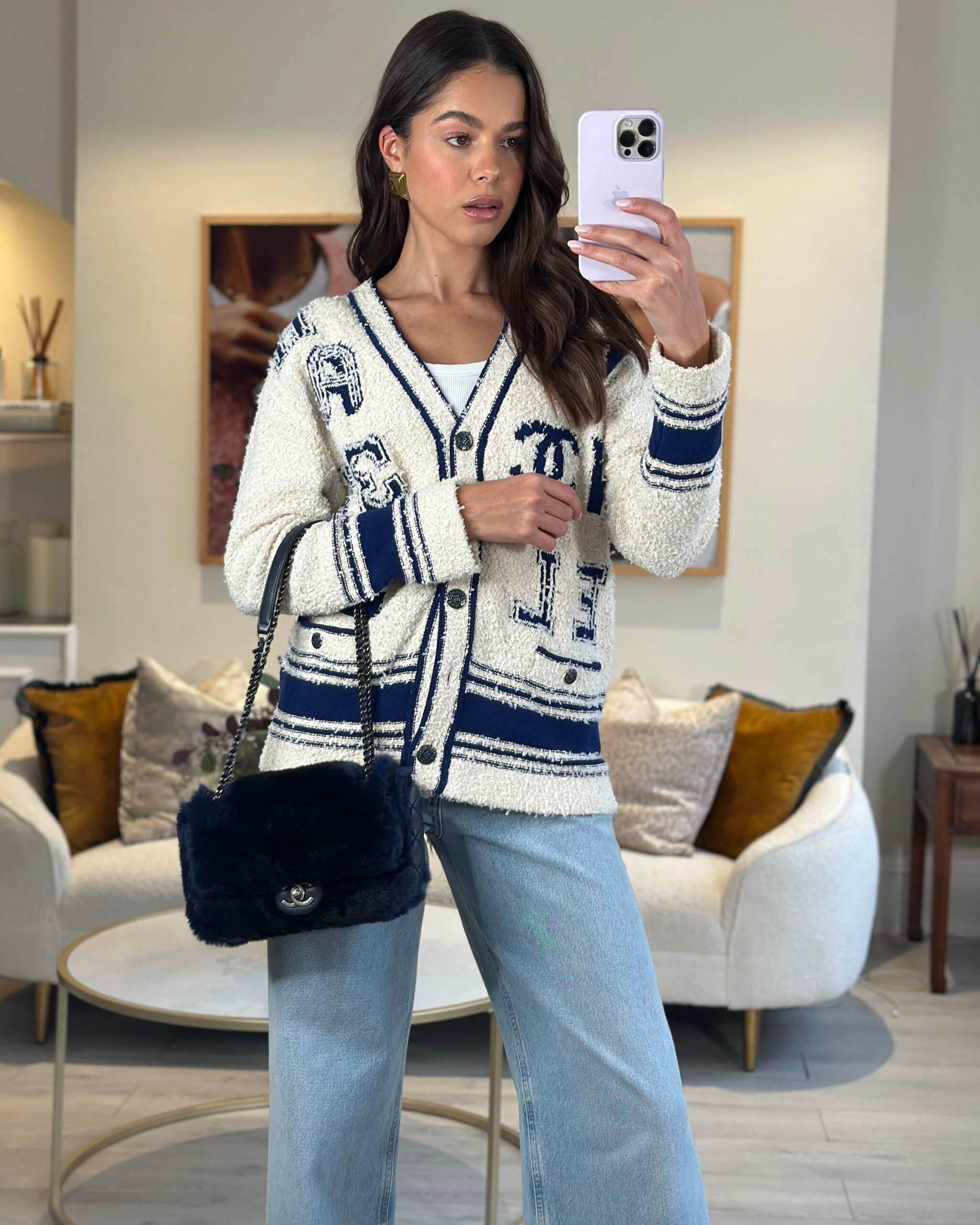 *HOT* Chanel Navy Rabbit Fur Single Bolso de solapa con Herrajes plateados
