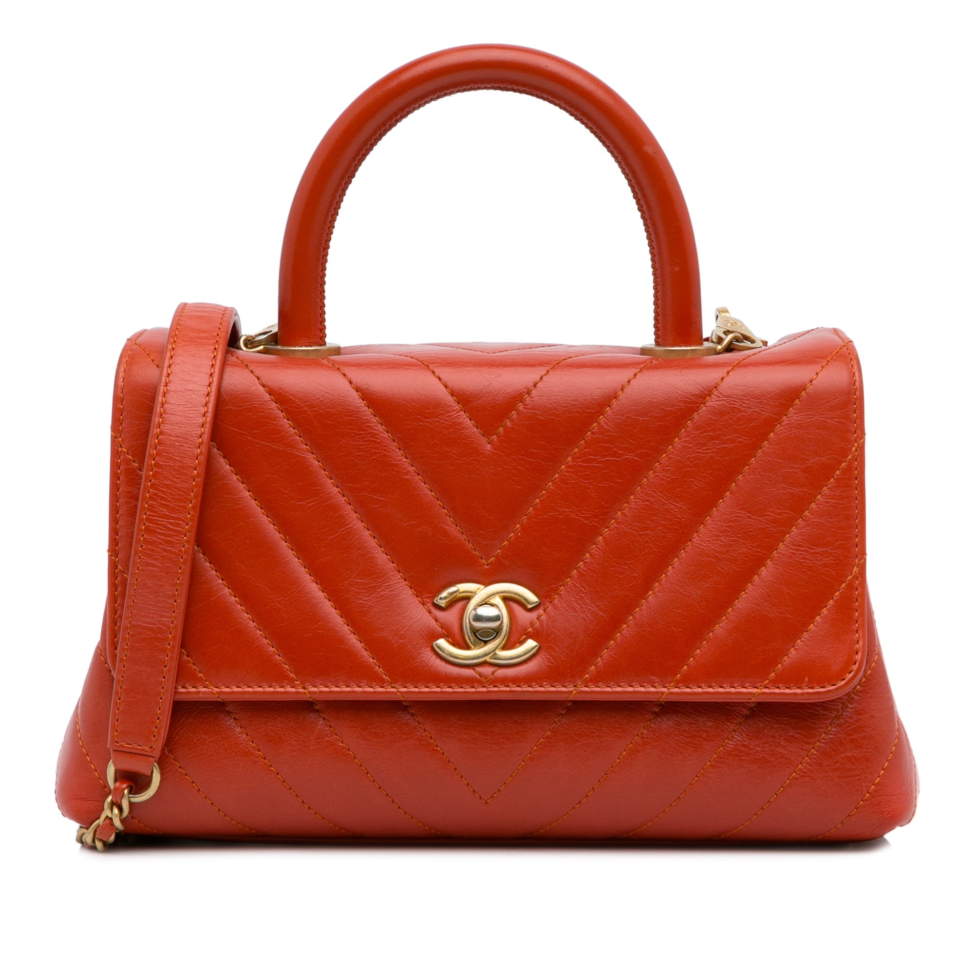 Rojo Chanel Pequeño Lambskin Chevron Coco Top Handle Bag Satchel