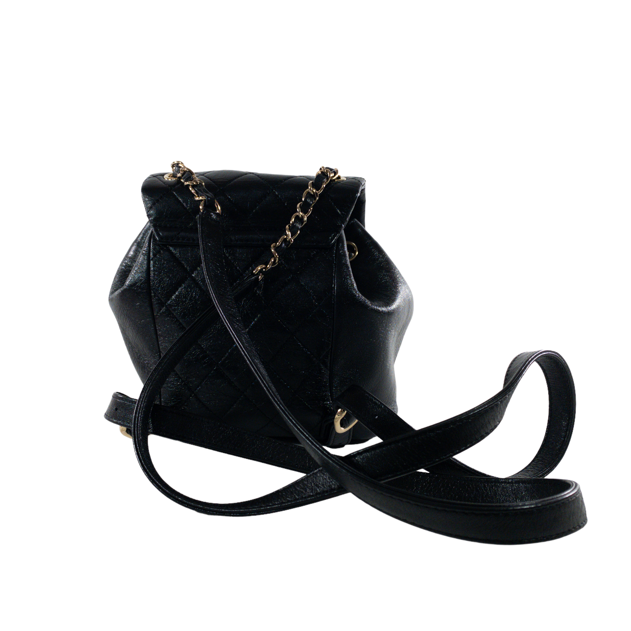 Chanel Black Glazed Leather Mini Duma Mochila GHW