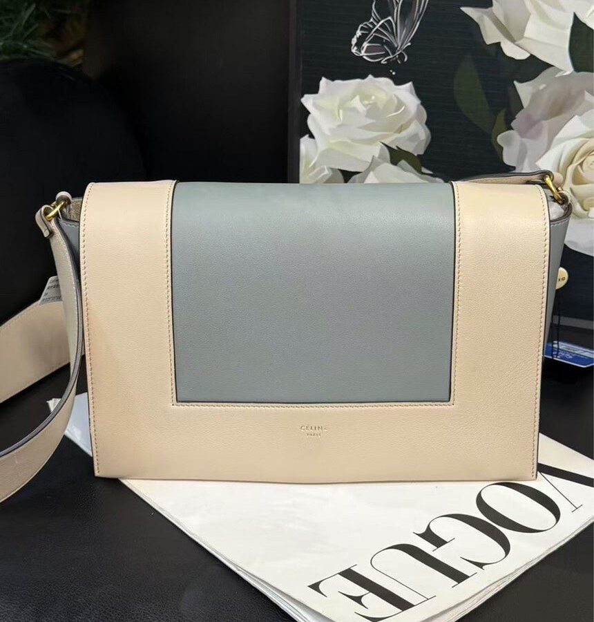 Celine Color Blocked Cowhide Tofu Crossbody Shoulder Bag Cream Gray | Studio Nafay