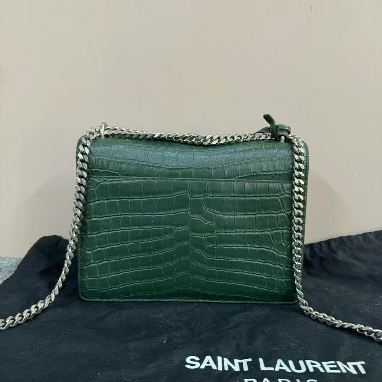 Bolso cruzado Saint Laurent Sunset de cuero con relieve de cocodrilo verde
